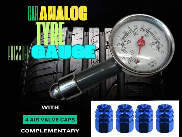 Car Analog Tire Pressure Gauge with 4 Pcs Aluminum Air Valve Caps [Random Color]
