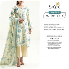 "Premium Unstitched 3-Piece Lawn Suit – Elegant Design | Brand Saya'"