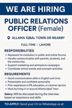 Public Relations Officer (Female Only)