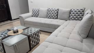 Modern L-Shaped 7-Seater Sofa Set + Glass-Top Table & 2-Seater Bench
