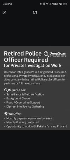 Retired Officers Required for Private Investigation Work