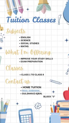 Female home tuitions for class 1 till 8