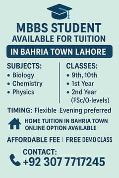 MBBS student offering tuition in Bahria town Lahore