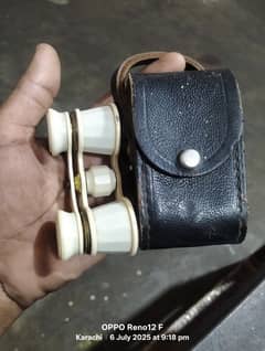 Vintage USSR Opera Glasses Binoculars Brass Blue Glass w/ Leather