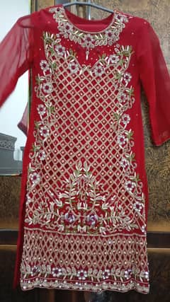 Rose red net zari work Shirt and Dupatta