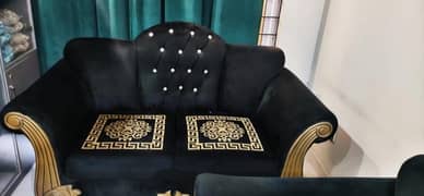 6 seater black velvet sofa set with table for sale