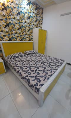 wooden bed set yellow & white | drawers and closet included