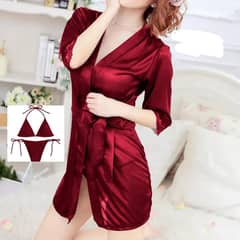 3pcs maroon silk plain V. nech night suit with shorts 03305590847