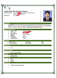 Cashier , Sales Man  , Home Tutor, any company job