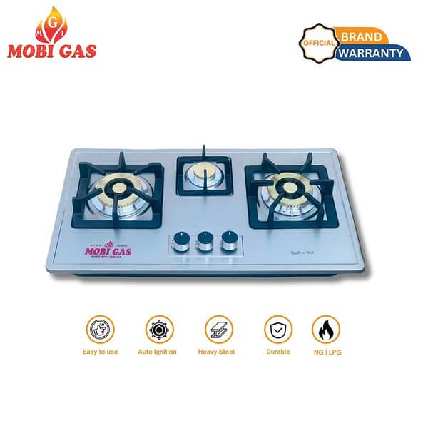 MobiGas MM291 3-Burner Gas Hob – Heavy Stainless Steel | Metal Knobs | Built-in High Load Stove