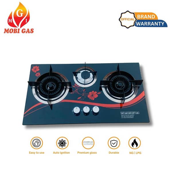 MobiGas MM297 Built-in Hob – Stylish Glass Top | High Flame | 3-Burner Gas Stove | Auto Ignition