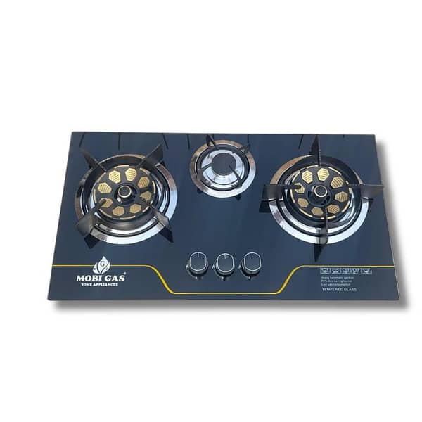 3 Burner Tempered Glass Hob | Brass Burners | Auto Ignition | NG & LPG - MOBI GAS Model 340
