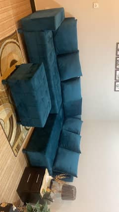 Green Velvet L shape sofa with Table