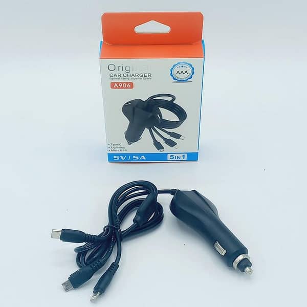 5-in-1 Car Charger with Type C, Micro USB, and iPhone Lightning Cable, 5V/5A