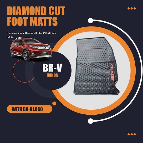 Honda BR-V Genuine Diamond Latex Floor Mats (4 Pieces) - Anti-Slip, Washable Black with BR-V Logo