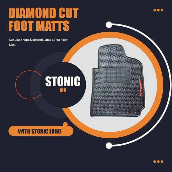 KIA Stonic Diamond Latex Floor Mats (3-Piece Set) - Anti-Slip, Washable, Black with Stonic Logo