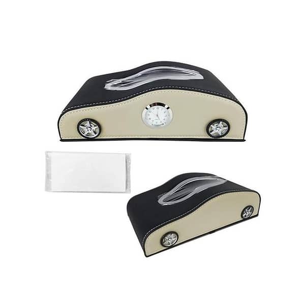 Car-Shaped Tissue Box with Clock in Black and Beige