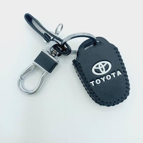 Leather Key Cover with Key Chain and Nano Light for Toyota Corolla 2009-Onwards in Dark