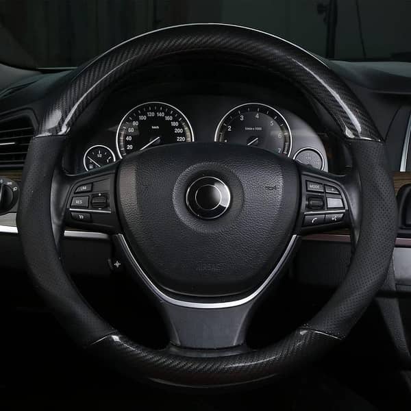 15-Inch Universal Black Carbon Fiber Leather Steering Wheel Cover