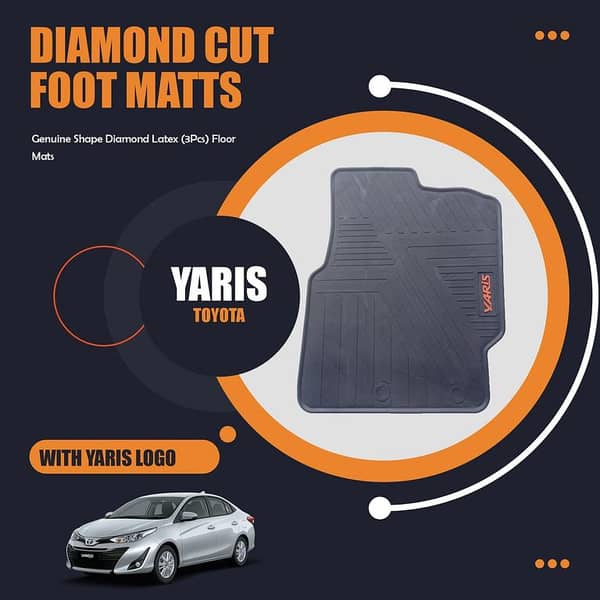 Toyota Yaris Diamond Latex Floor Mats Set (3 Pieces) - Black, Anti-Slip and Washable with Yaris Logo