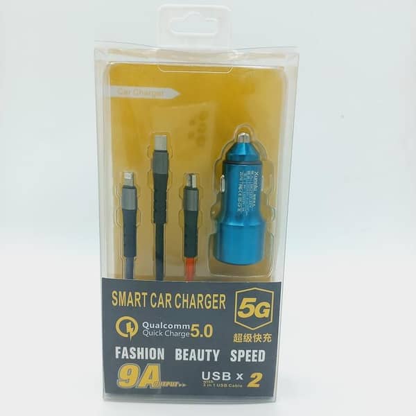 Smart Car Charger 9A with 3in1 Data Cable for Ultra Fast Charging