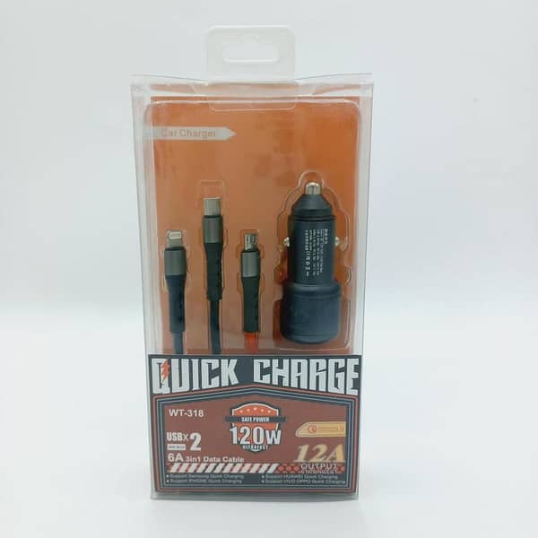 12A Quick Car Charger 120W Ultra Fast with 3-in-1 Data Cable