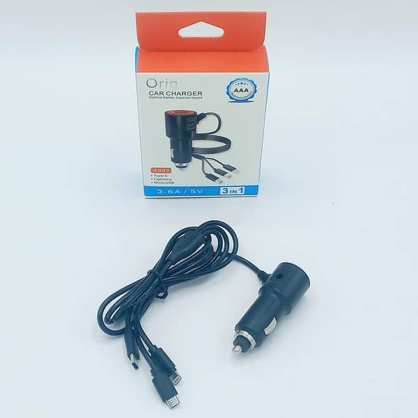 3-in-1 Car Charger with Type C, Lightning, and Micro USB - 3.6A/5V