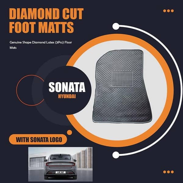 Hyundai Sonata Diamond Latex Floor Mats (3 Pieces) - Black, Anti-Slip, Washable with Sonata Logo