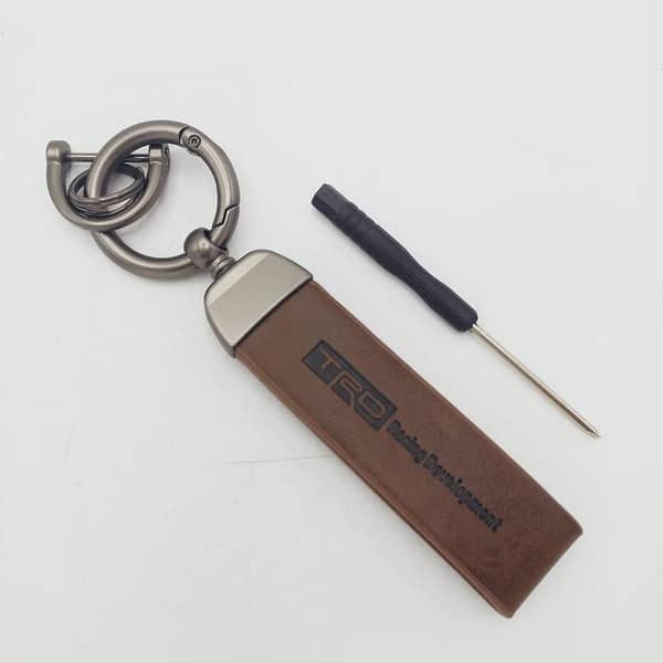 Brown TRD Logo Leather Car Keychain with Screwdriver
