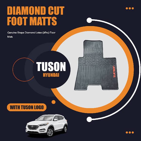 Hyundai Tucson Genuine Shape Diamond Latex Floor Mats Set of 3 - Anti-Slip and Washable in Black with Logo