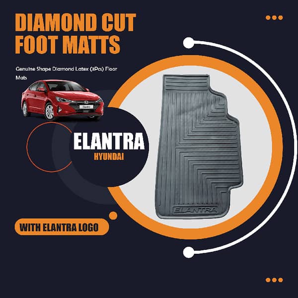 Hyundai Elantra Floor Mats Set - Genuine Shape Diamond Latex (3 Pieces) in Black with Elantra Logo - Washable and Anti-Slip