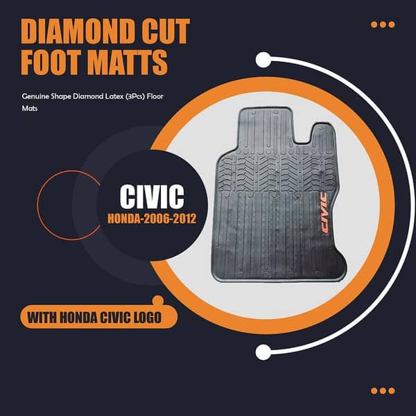 Diamond Latex Floor Mats for Honda Civic Reborn 2006-12 - Anti-Slip, Washable, 3-Piece Set in Black with Civic Logo