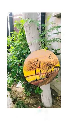Handmade round canvas sunset painting_wall decor