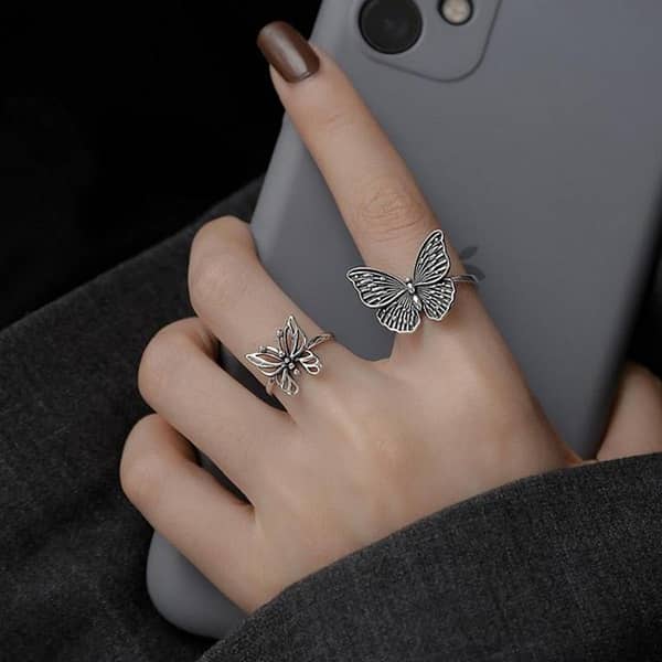The Jewels Gallery Adjustable Silver Butterfly Rings for Girls and Women