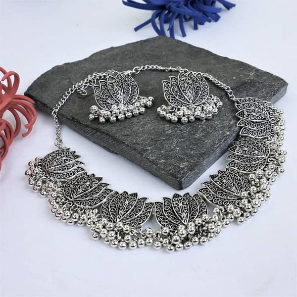 Afghani Flower Choker Necklace and Earrings Set in Antique Silver for Women and Girls