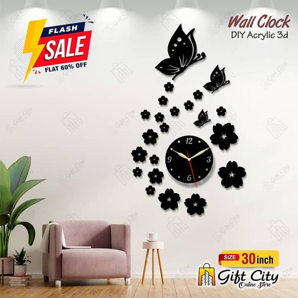 Flying Birds with Flowers Acrylic Wall Clock by Gift City - 3D Design, Self-Adhesive for Home and Office