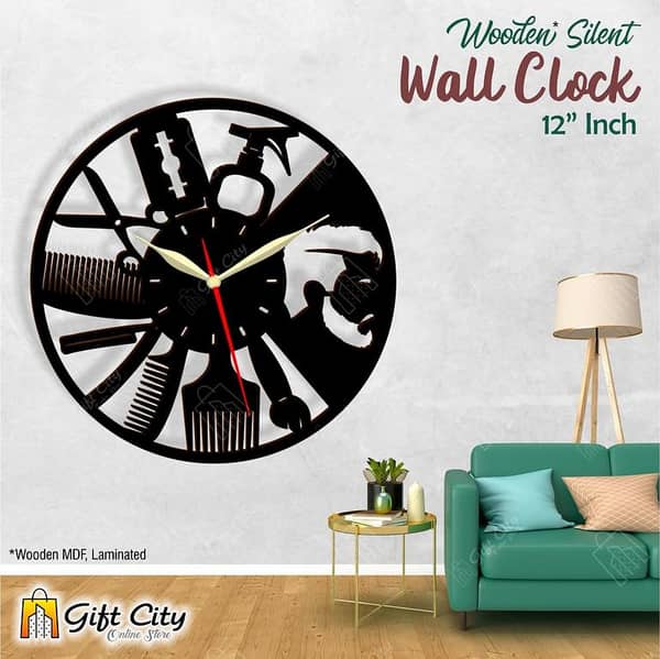 Gift City Presents Mens Saloon 3D Silent Wooden Wall Clock - Home & Office Decor - Laser Cut