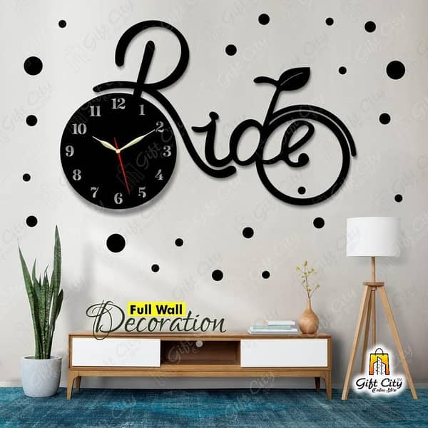 Gift City Wooden Wall Clock in a Ride on Cycle Design with 25 Polka Stickers - 3D Self-Adhesive