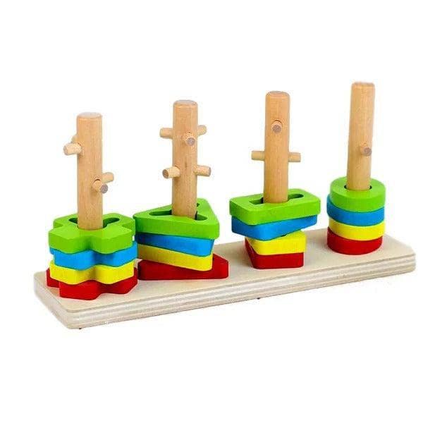 Wooden Four Set Columns/Education Colour Toys Intelligence Geometry Set/Stacking & Nesting Blocks Board (Sorting Shape Toy)