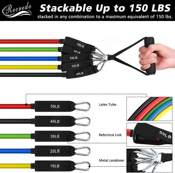 Portable Exercise Resistance Bands Set with Handles, Tubes & Workout Bands - 11 Pieces for Gym, Yoga, CrossFit, Pilates