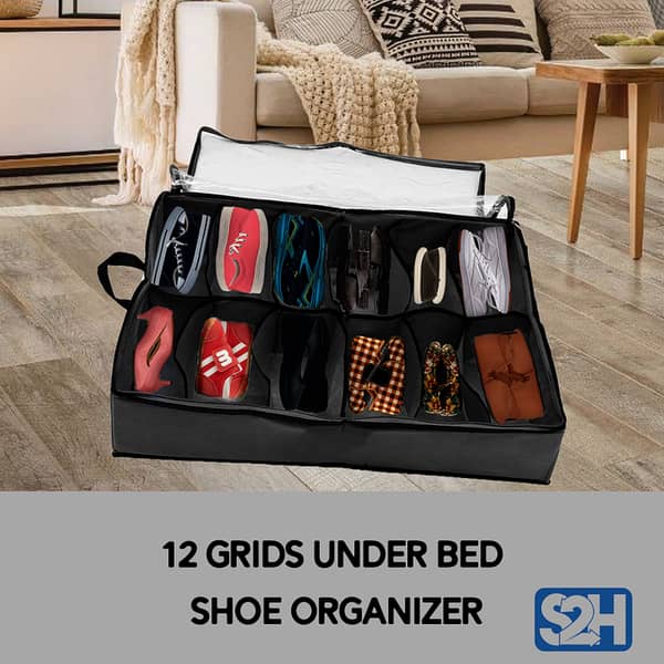 Fabric and Foam Underbed Shoe Storage Organizer with Handle - Set of 2