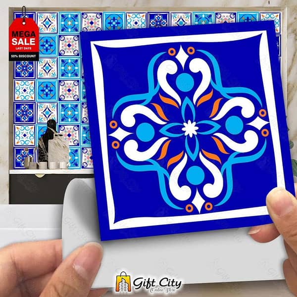 Gift City Blue Pattern Self-Adhesive Tile Stickers - 12x12 cm for Kitchen and Bathroom Decoration (Multiple Quantities Available)