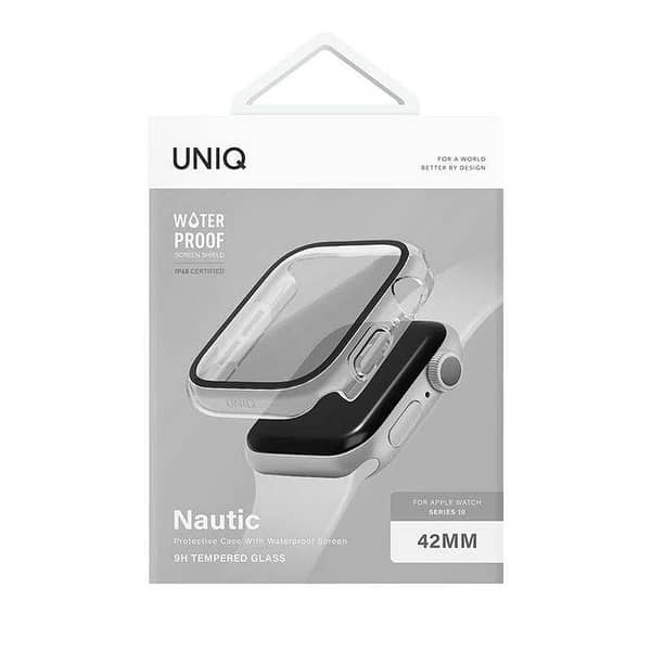 UNIQ Nautic Case with Curved Tempered Glass Protector for Apple Watch Series 10 42MM – Dove Clear
