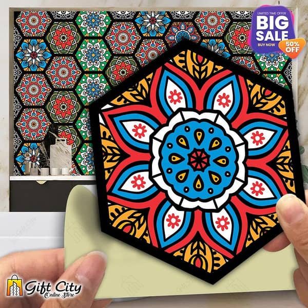 Gift City Hexagon Tile Stickers - 12x14 cm Colorful Mandala Pattern for Wall Decoration in Kitchen & Bathroom