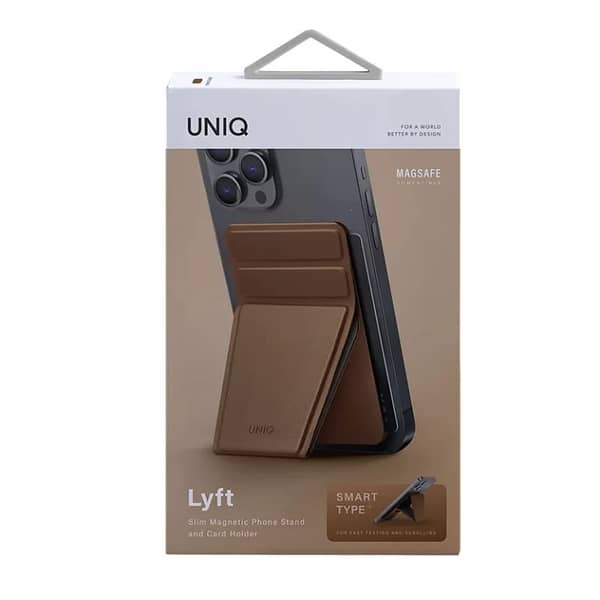 UNIQ LYFT Magnetic Snap-On Stand and Card Holder for Magsafe-Compatible Phones - Toffee Brown