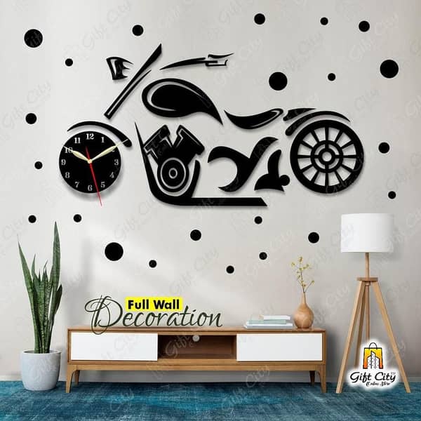 Gift City Modern Bike Wooden Wall Clock with 25 Polka Stickers - 3D Design and Self-Adhesive