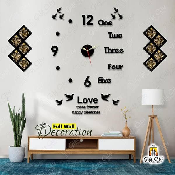 Gift City Creative 3D One Two Three DIY Wooden Wall Clock and 12 Foil Kitchen Tile Stickers for Home and Office