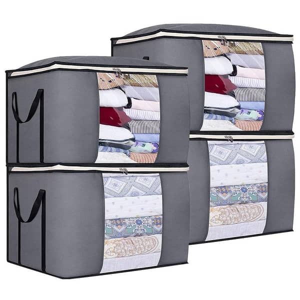 Under Bed Blanket Organizers 43L Storage Bags for Clothes and Comforters – Foldable, with Handle, Transparent Window, and Strong Zippers in Grey