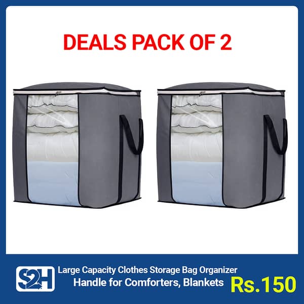 Pack of 2 Large Storage Bags for Clothes, Blankets, and More - Foldable Closet Organizers with Durable Handles