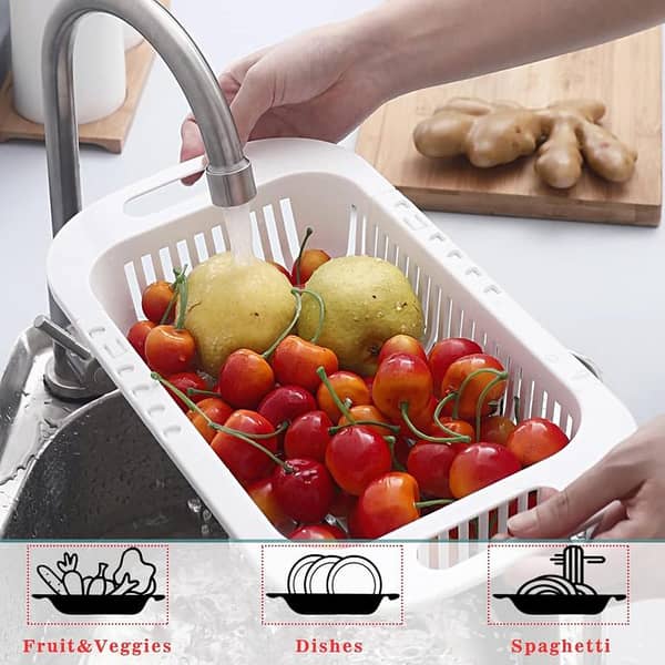 Adjustable Extendable Colander for Over the Sink – Plastic Fruits and Vegetables Strainer and Washing Basket for Kitchen Use